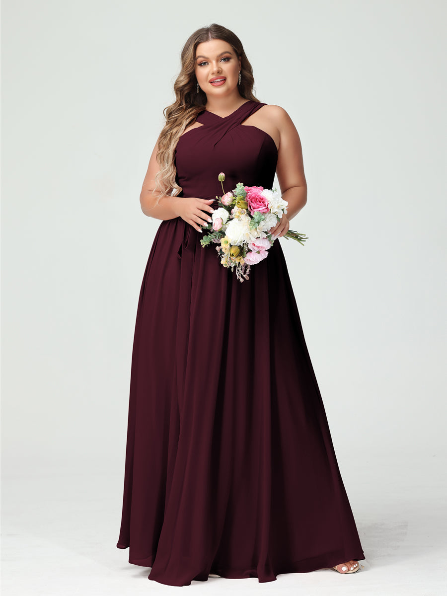A-Line/Princess Criss Cross Sleeveless Chiffon Plus Size Bridesmaid Dresses with Sash - 画像 (12)