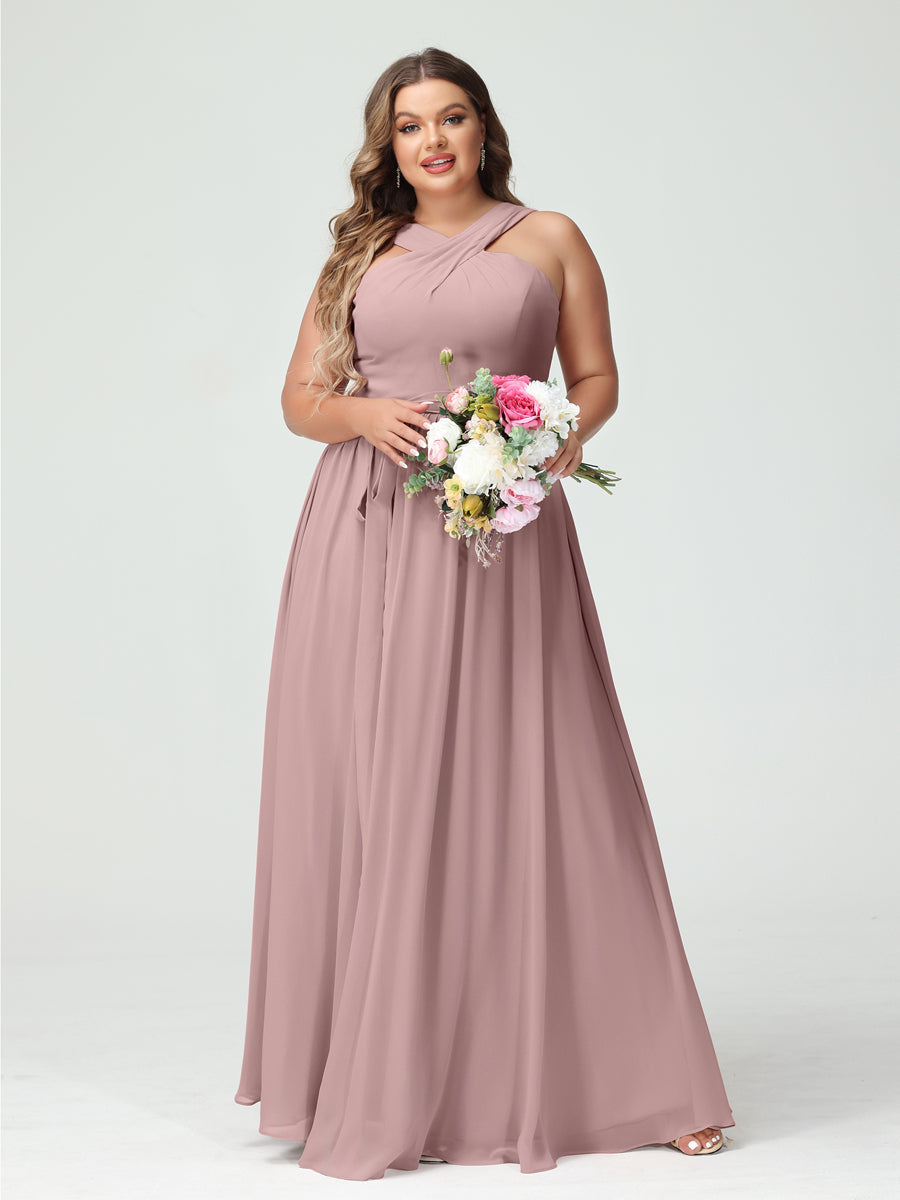 A-Line/Princess Criss Cross Sleeveless Chiffon Plus Size Bridesmaid Dresses with Sash - 画像 (30)