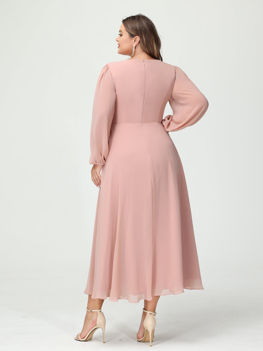 A-Line/Princess V-Neck Long Sleeves Chiffon Tea-Length Ruffles Plus Size Bridesmaid Dresses with Pockets - 画像 (2)