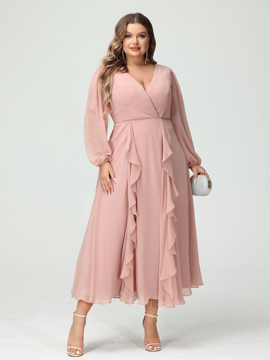 A-Line/Princess V-Neck Long Sleeves Chiffon Tea-Length Ruffles Plus Size Bridesmaid Dresses with Pockets - 画像 (3)