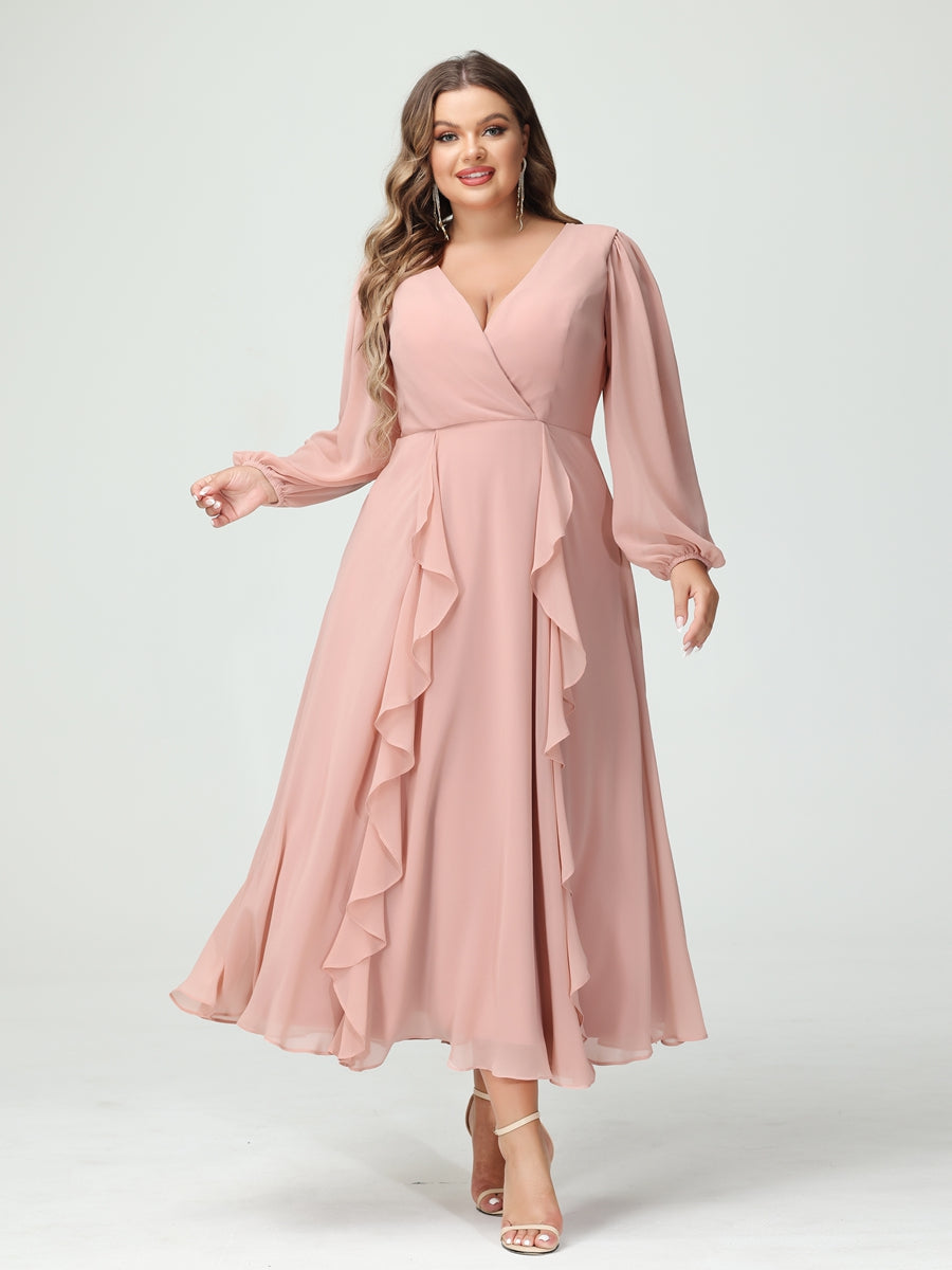 A-Line/Princess V-Neck Long Sleeves Chiffon Tea-Length Ruffles Plus Size Bridesmaid Dresses with Pockets - 画像 (5)