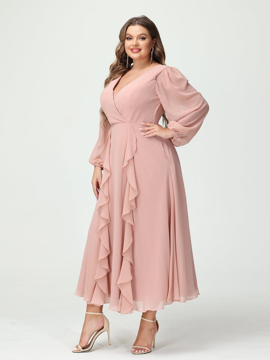 A-Line/Princess V-Neck Long Sleeves Chiffon Tea-Length Ruffles Plus Size Bridesmaid Dresses with Pockets - 画像 (6)