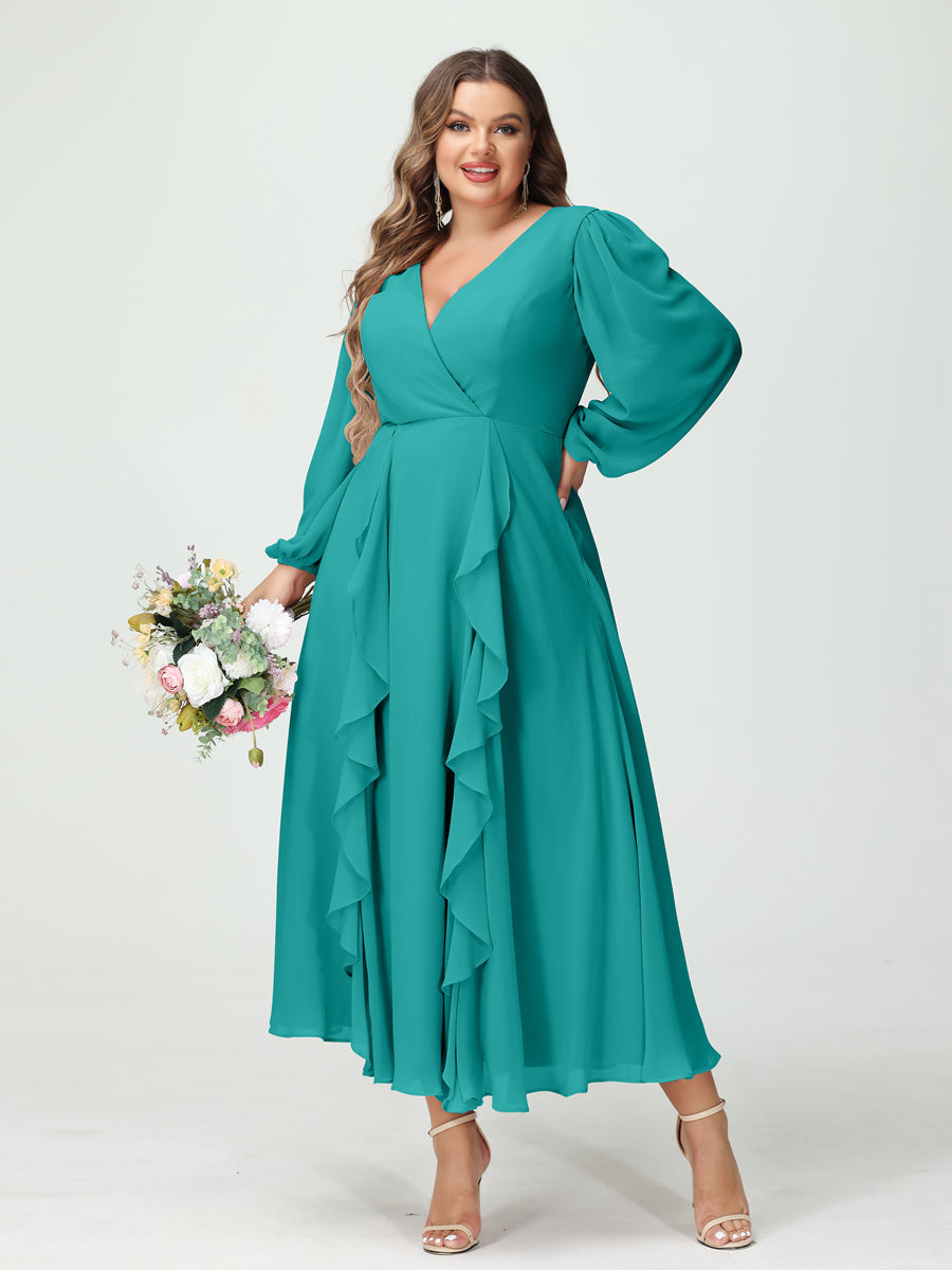 A-Line/Princess V-Neck Long Sleeves Chiffon Tea-Length Ruffles Plus Size Bridesmaid Dresses with Pockets - 画像 (52)