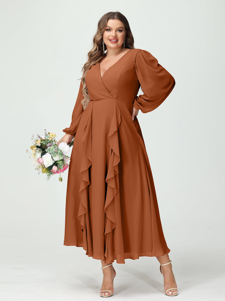A-Line/Princess V-Neck Long Sleeves Chiffon Tea-Length Ruffles Plus Size Bridesmaid Dresses with Pockets - 画像 (9)