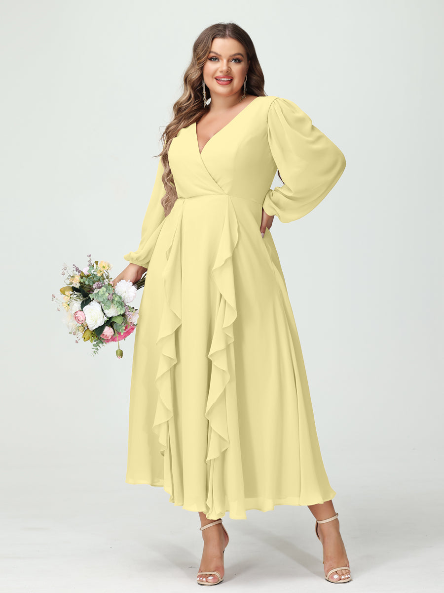 A-Line/Princess V-Neck Long Sleeves Chiffon Tea-Length Ruffles Plus Size Bridesmaid Dresses with Pockets - 画像 (69)