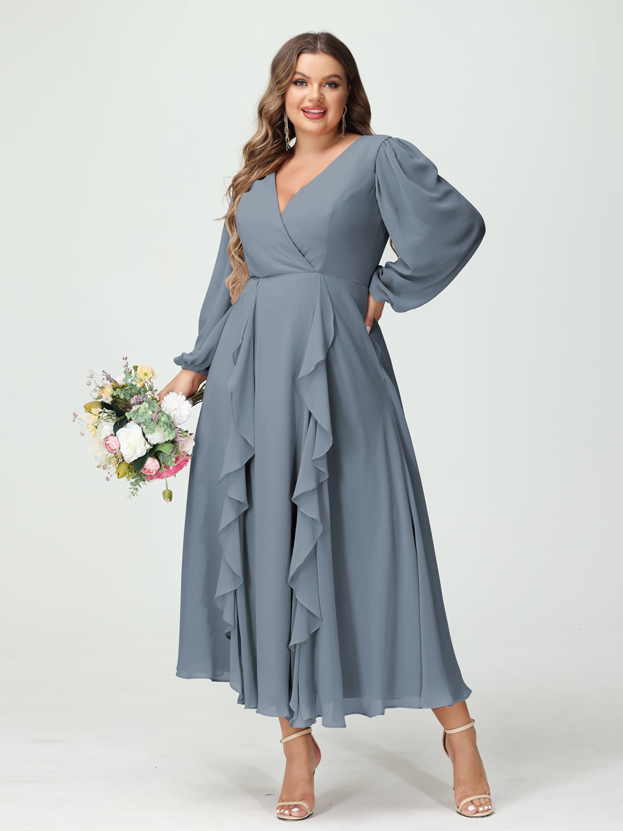 A-Line/Princess V-Neck Long Sleeves Chiffon Tea-Length Ruffles Plus Size Bridesmaid Dresses with Pockets - 画像 (8)