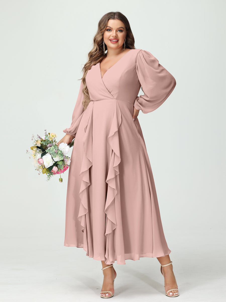 A-Line/Princess V-Neck Long Sleeves Chiffon Tea-Length Ruffles Plus Size Bridesmaid Dresses with Pockets - 画像 (30)