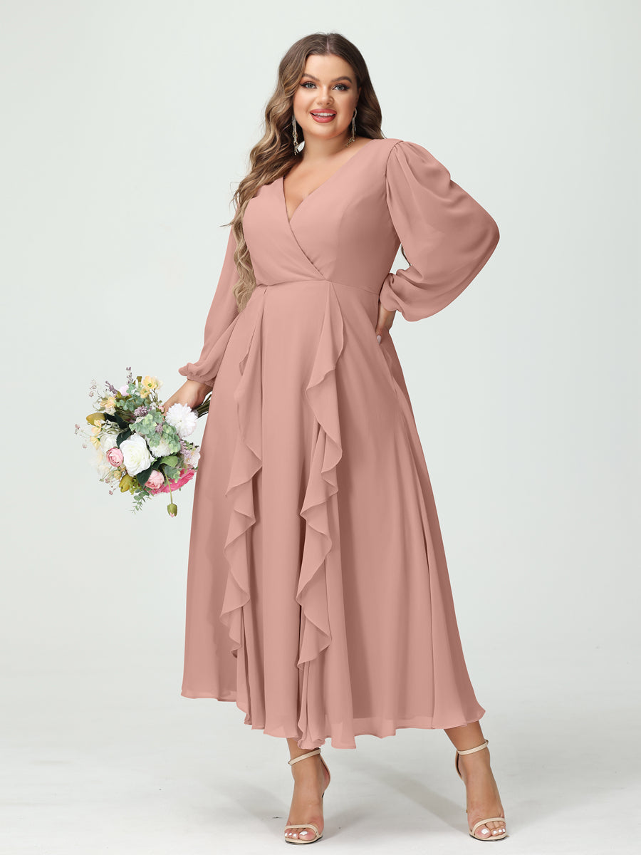 A-Line/Princess V-Neck Long Sleeves Chiffon Tea-Length Ruffles Plus Size Bridesmaid Dresses with Pockets - 画像 (7)