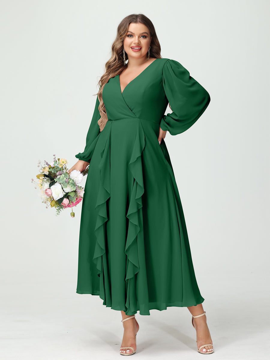 A-Line/Princess V-Neck Long Sleeves Chiffon Tea-Length Ruffles Plus Size Bridesmaid Dresses with Pockets - 画像 (67)