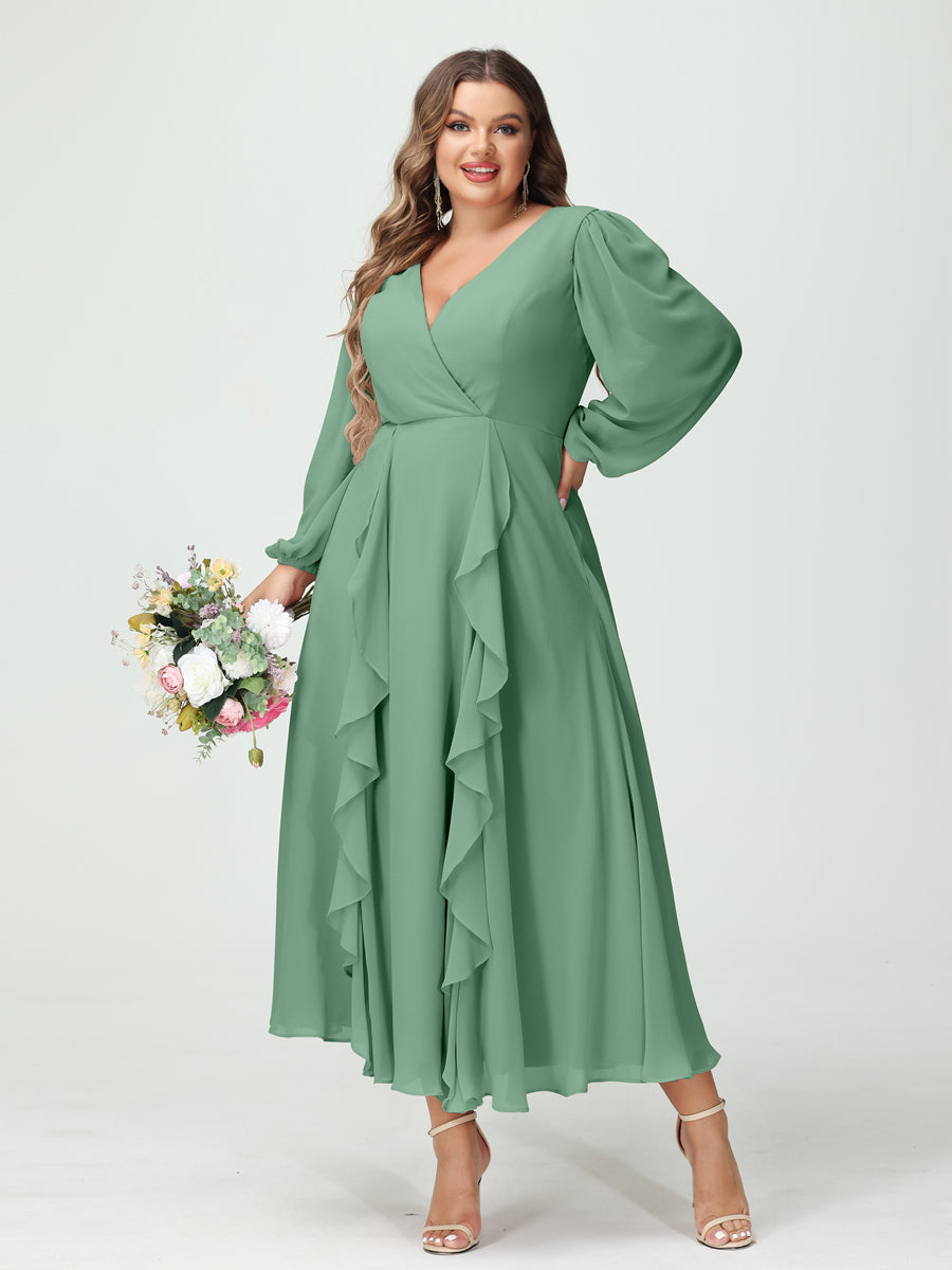 A-Line/Princess V-Neck Long Sleeves Chiffon Tea-Length Ruffles Plus Size Bridesmaid Dresses with Pockets - 画像 (17)
