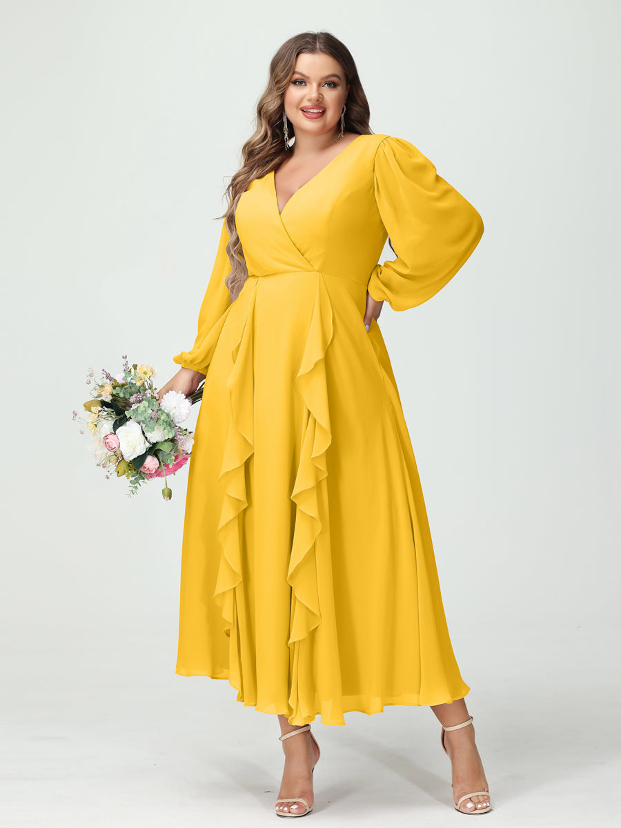 A-Line/Princess V-Neck Long Sleeves Chiffon Tea-Length Ruffles Plus Size Bridesmaid Dresses with Pockets - 画像 (71)