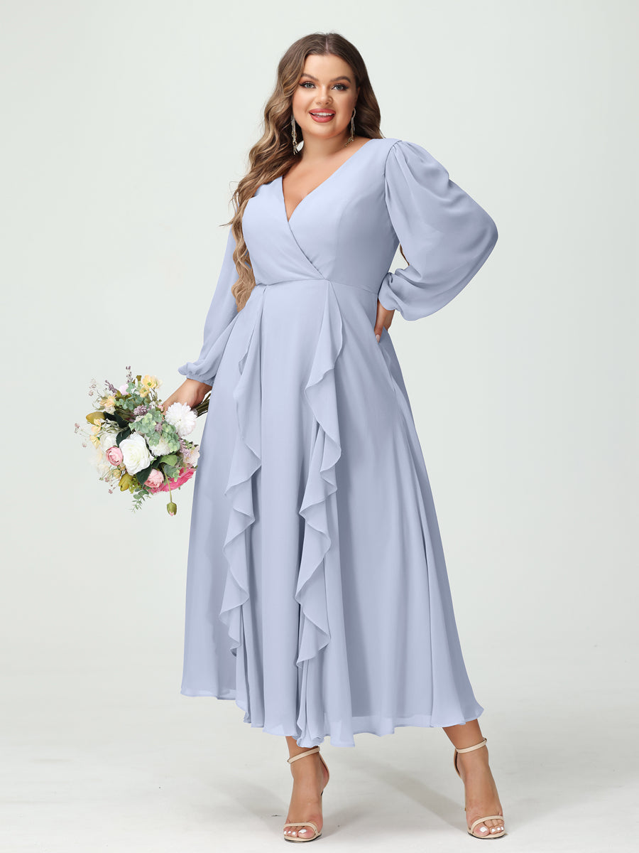 A-Line/Princess V-Neck Long Sleeves Chiffon Tea-Length Ruffles Plus Size Bridesmaid Dresses with Pockets - 画像 (48)