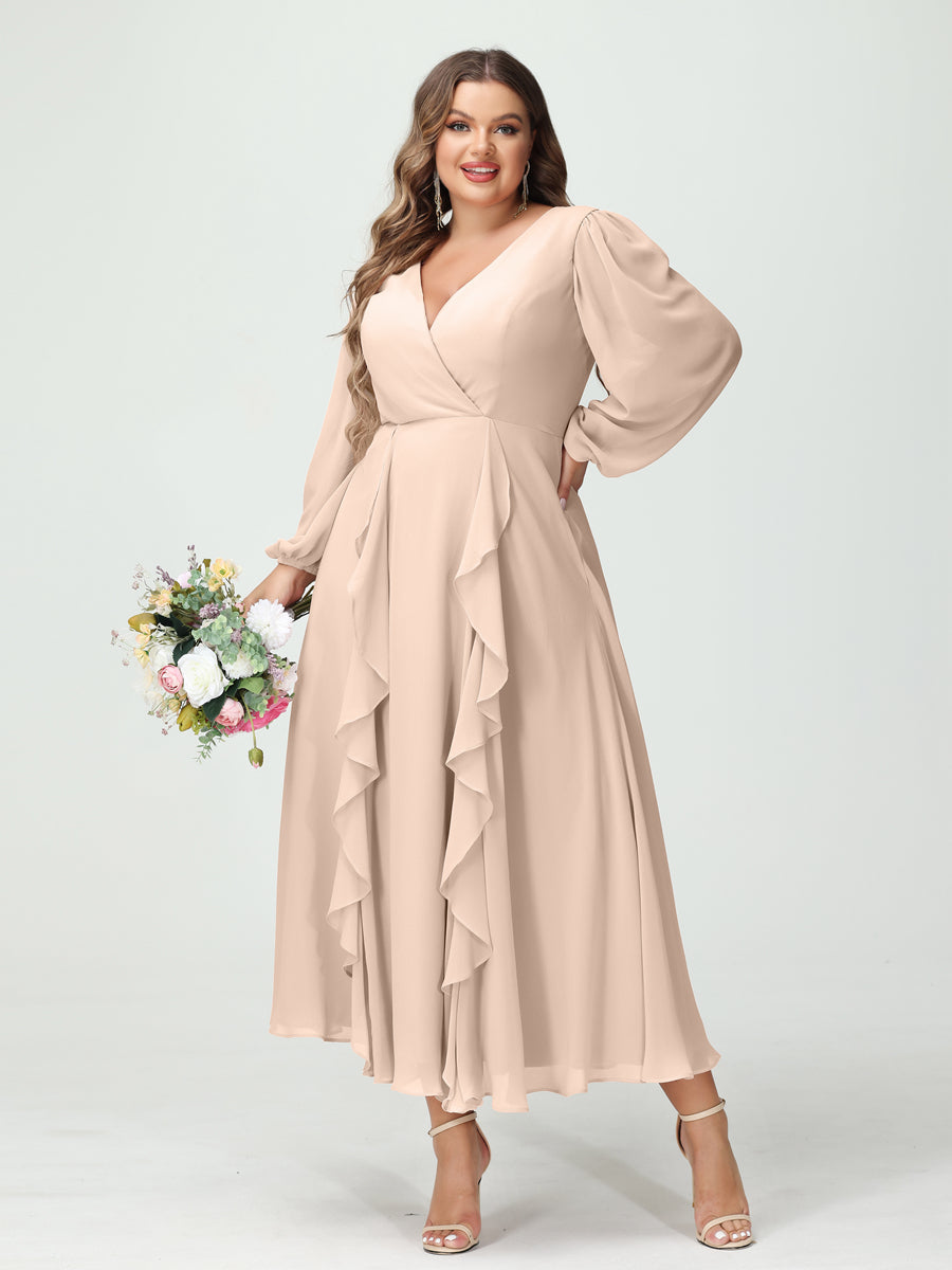 A-Line/Princess V-Neck Long Sleeves Chiffon Tea-Length Ruffles Plus Size Bridesmaid Dresses with Pockets - 画像 (23)