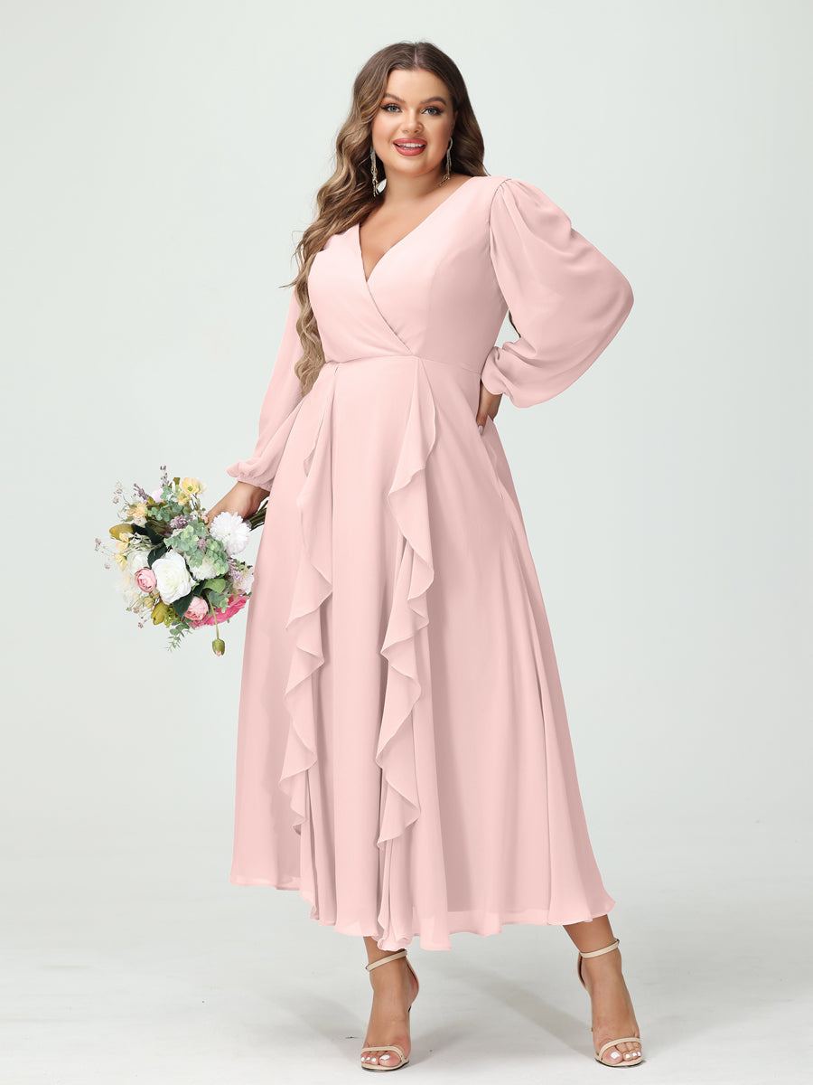 A-Line/Princess V-Neck Long Sleeves Chiffon Tea-Length Ruffles Plus Size Bridesmaid Dresses with Pockets - 画像 (27)