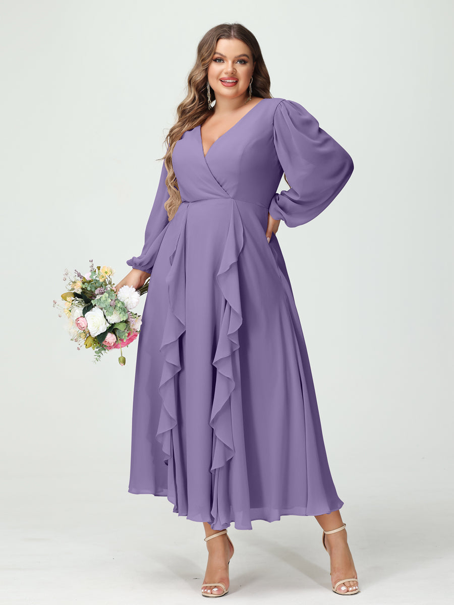 A-Line/Princess V-Neck Long Sleeves Chiffon Tea-Length Ruffles Plus Size Bridesmaid Dresses with Pockets - 画像 (41)