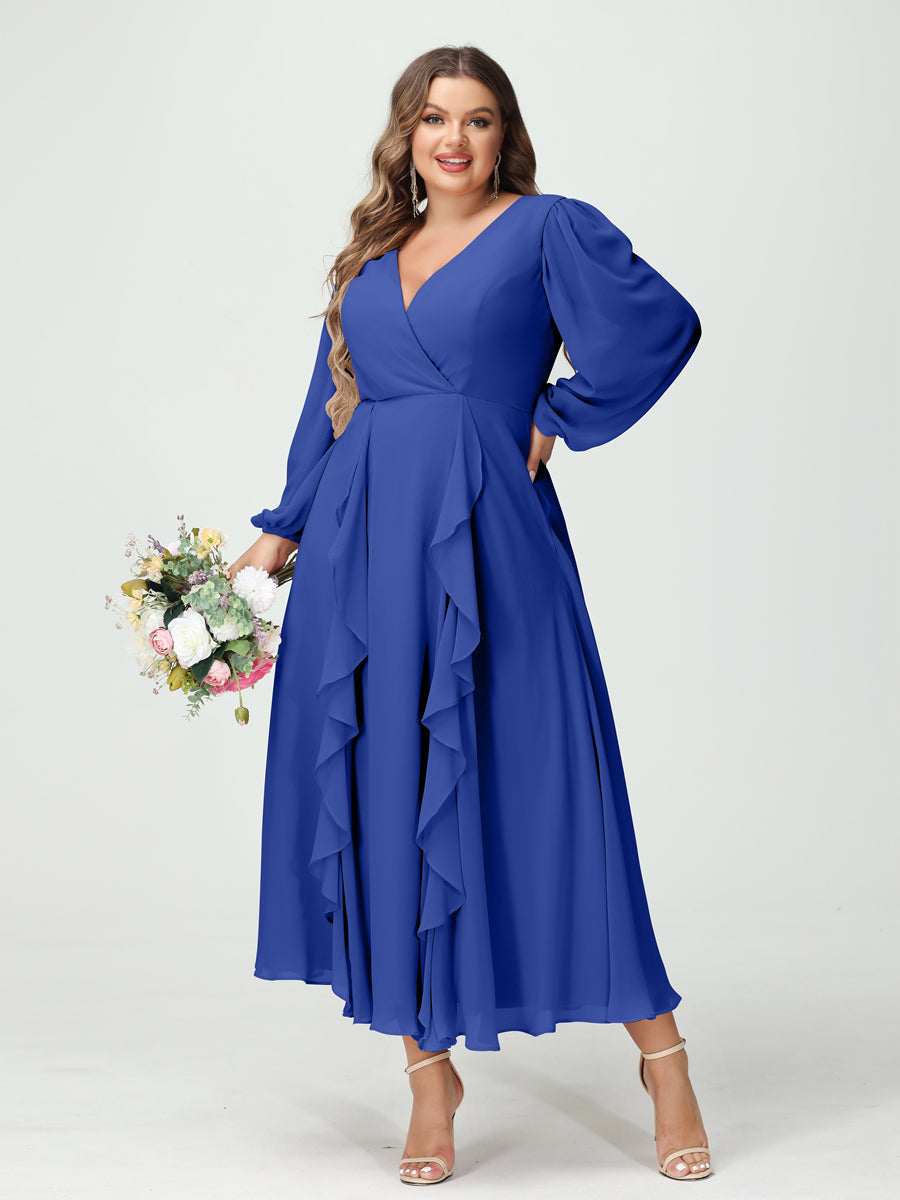 A-Line/Princess V-Neck Long Sleeves Chiffon Tea-Length Ruffles Plus Size Bridesmaid Dresses with Pockets - 画像 (54)