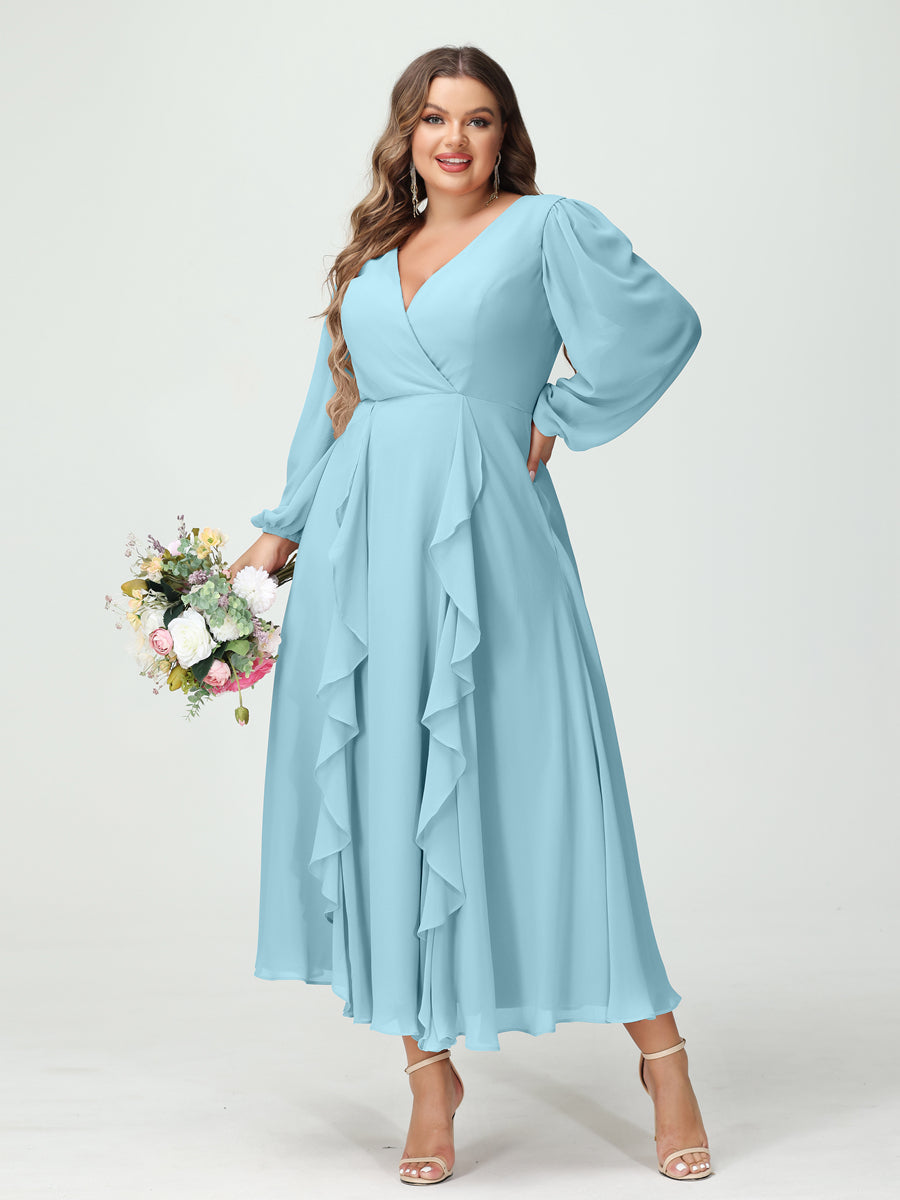 A-Line/Princess V-Neck Long Sleeves Chiffon Tea-Length Ruffles Plus Size Bridesmaid Dresses with Pockets - 画像 (49)