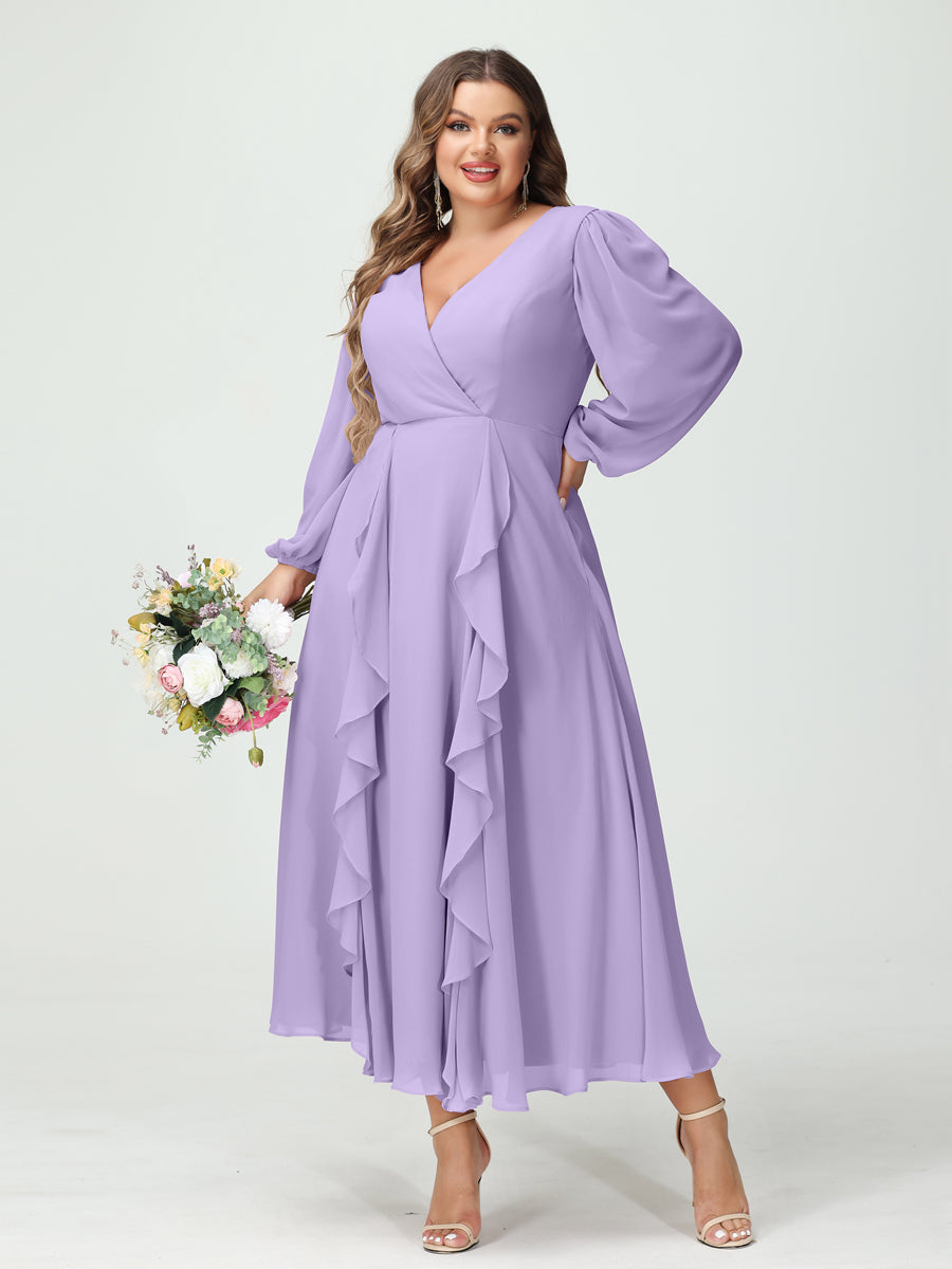 A-Line/Princess V-Neck Long Sleeves Chiffon Tea-Length Ruffles Plus Size Bridesmaid Dresses with Pockets - 画像 (14)
