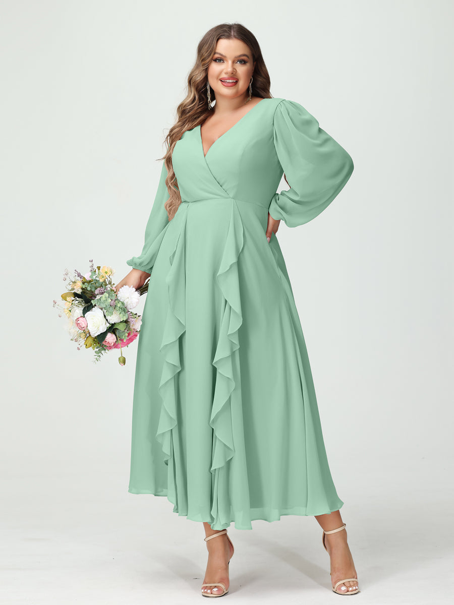 A-Line/Princess V-Neck Long Sleeves Chiffon Tea-Length Ruffles Plus Size Bridesmaid Dresses with Pockets - 画像 (61)