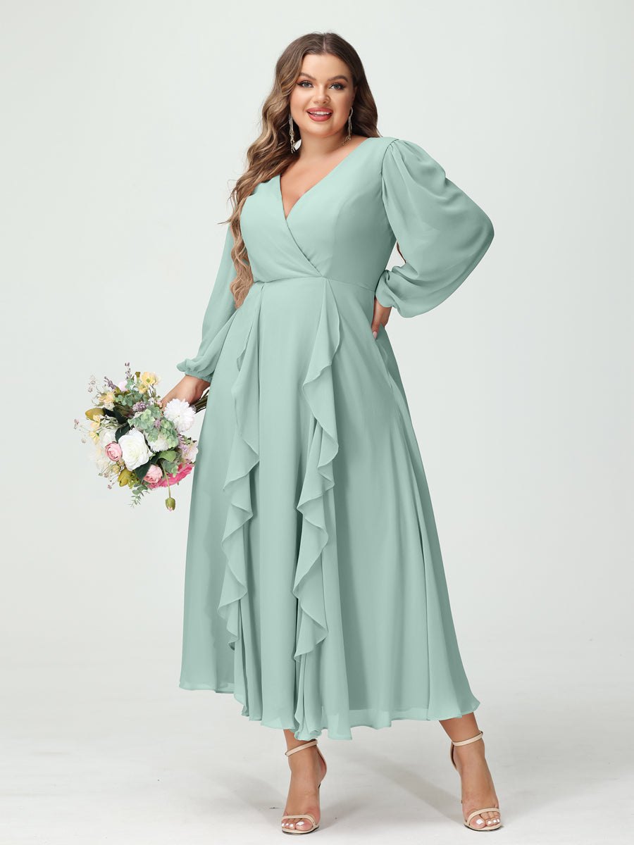 A-Line/Princess V-Neck Long Sleeves Chiffon Tea-Length Ruffles Plus Size Bridesmaid Dresses with Pockets - 画像 (60)