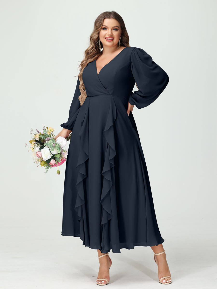 A-Line/Princess V-Neck Long Sleeves Chiffon Tea-Length Ruffles Plus Size Bridesmaid Dresses with Pockets - 画像 (59)