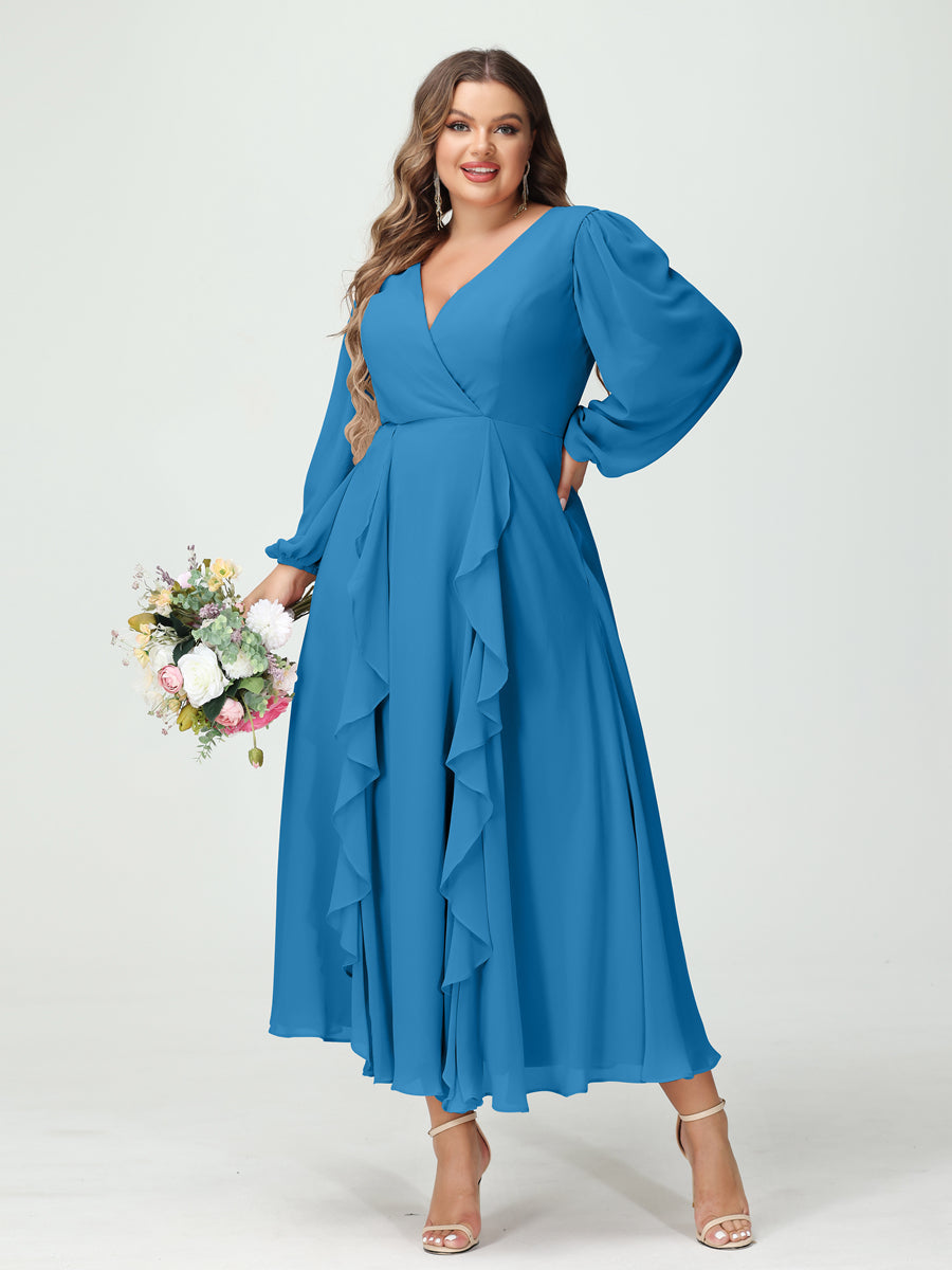 A-Line/Princess V-Neck Long Sleeves Chiffon Tea-Length Ruffles Plus Size Bridesmaid Dresses with Pockets - 画像 (53)