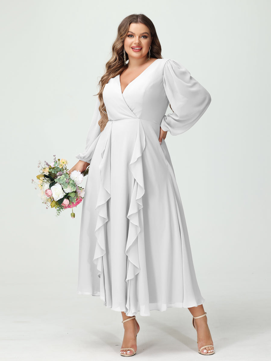 A-Line/Princess V-Neck Long Sleeves Chiffon Tea-Length Ruffles Plus Size Bridesmaid Dresses with Pockets - 画像 (20)