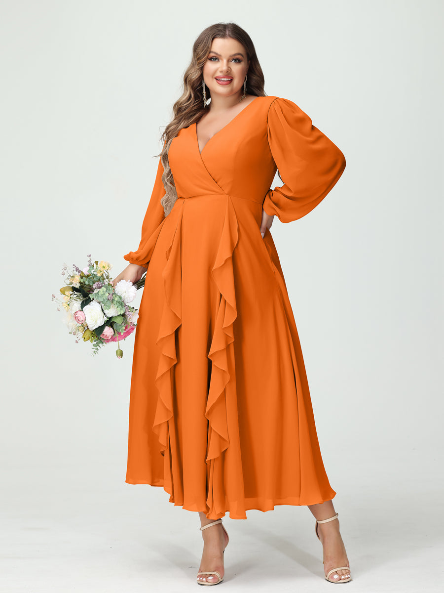 A-Line/Princess V-Neck Long Sleeves Chiffon Tea-Length Ruffles Plus Size Bridesmaid Dresses with Pockets - 画像 (72)