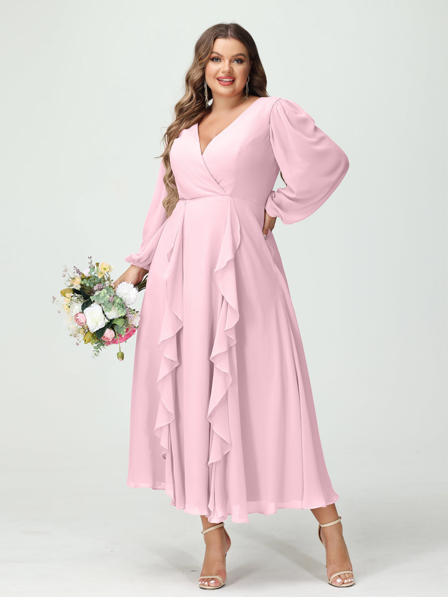 A-Line/Princess V-Neck Long Sleeves Chiffon Tea-Length Ruffles Plus Size Bridesmaid Dresses with Pockets - 画像 (25)
