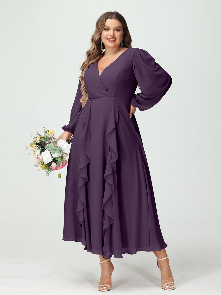 A-Line/Princess V-Neck Long Sleeves Chiffon Tea-Length Ruffles Plus Size Bridesmaid Dresses with Pockets - 画像 (46)