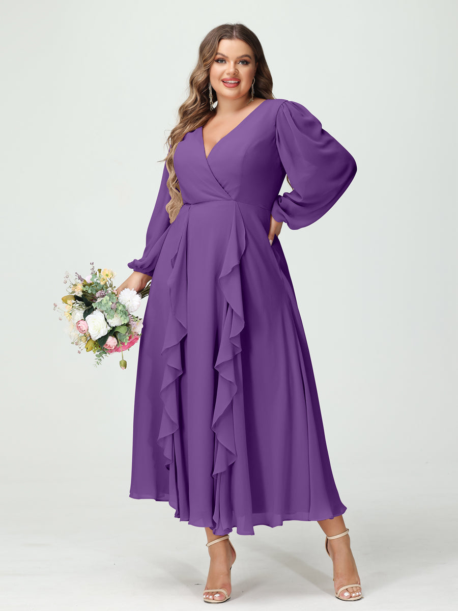 A-Line/Princess V-Neck Long Sleeves Chiffon Tea-Length Ruffles Plus Size Bridesmaid Dresses with Pockets - 画像 (42)