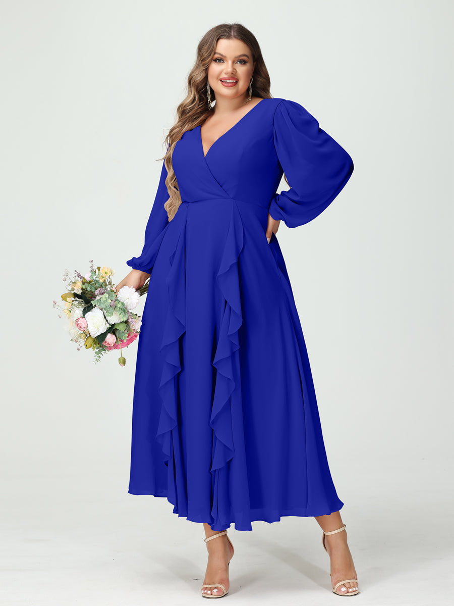 A-Line/Princess V-Neck Long Sleeves Chiffon Tea-Length Ruffles Plus Size Bridesmaid Dresses with Pockets - 画像 (55)