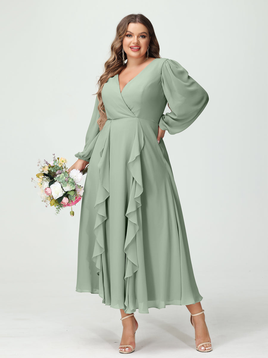 A-Line/Princess V-Neck Long Sleeves Chiffon Tea-Length Ruffles Plus Size Bridesmaid Dresses with Pockets - 画像 (10)