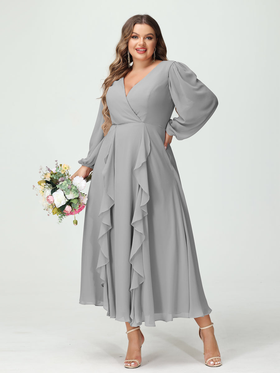 A-Line/Princess V-Neck Long Sleeves Chiffon Tea-Length Ruffles Plus Size Bridesmaid Dresses with Pockets - 画像 (22)