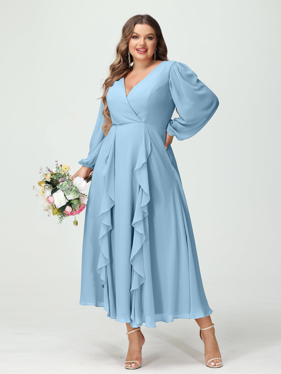 A-Line/Princess V-Neck Long Sleeves Chiffon Tea-Length Ruffles Plus Size Bridesmaid Dresses with Pockets - 画像 (50)