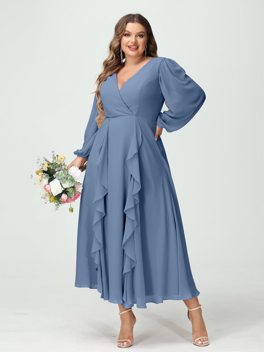 A-Line/Princess V-Neck Long Sleeves Chiffon Tea-Length Ruffles Plus Size Bridesmaid Dresses with Pockets - 画像 (51)