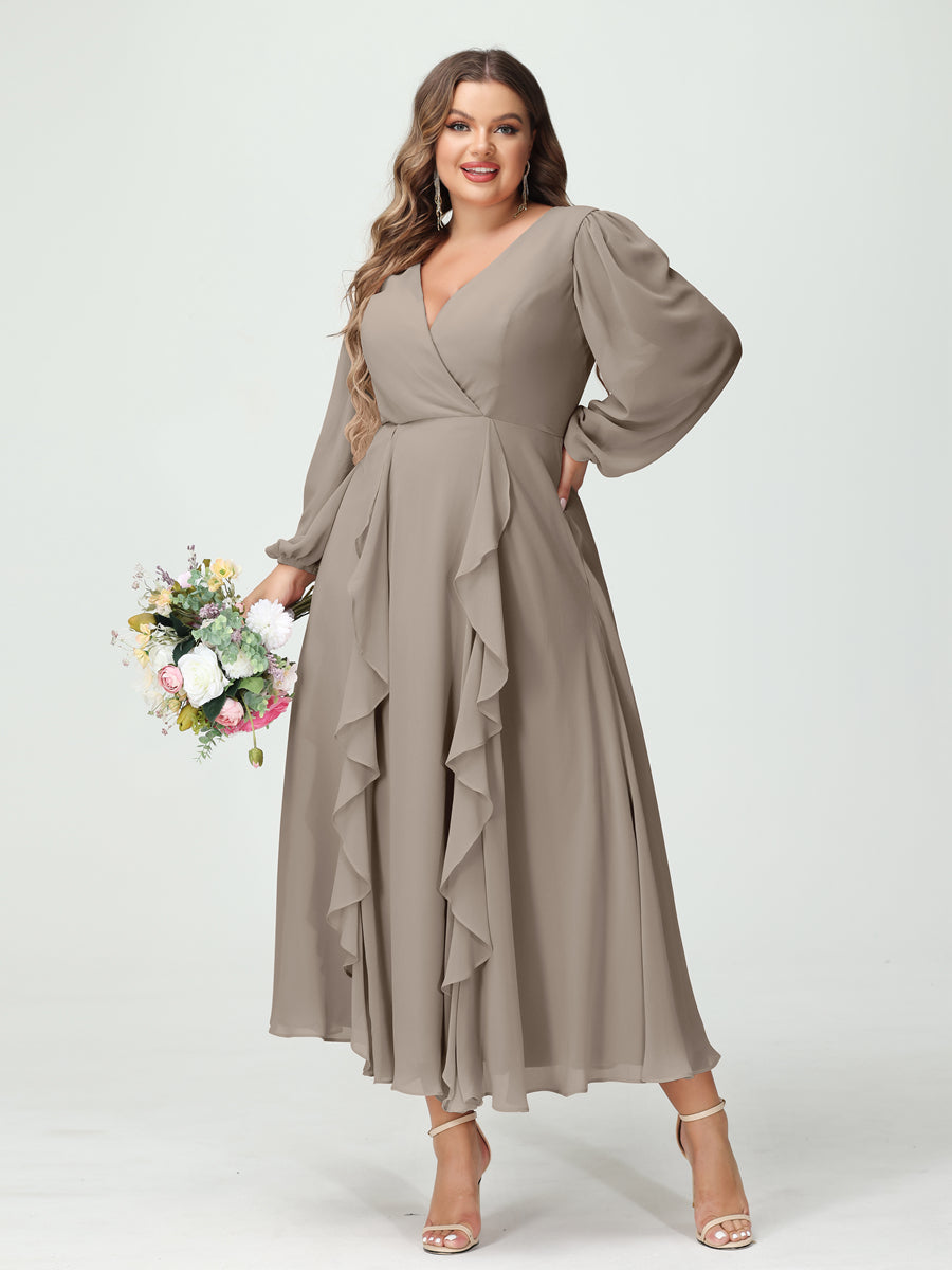 A-Line/Princess V-Neck Long Sleeves Chiffon Tea-Length Ruffles Plus Size Bridesmaid Dresses with Pockets - 画像 (73)