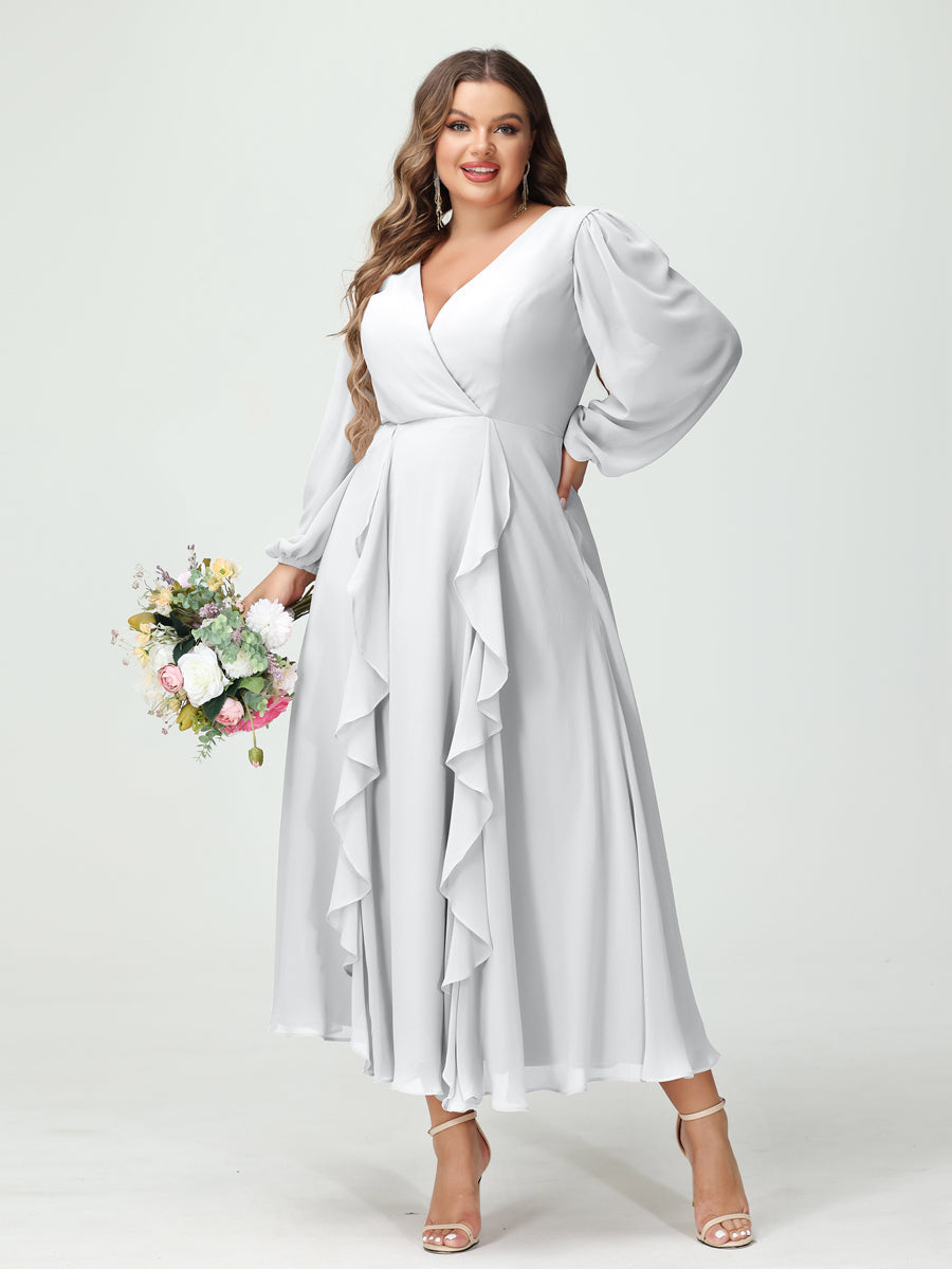 A-Line/Princess V-Neck Long Sleeves Chiffon Tea-Length Ruffles Plus Size Bridesmaid Dresses with Pockets - 画像 (19)