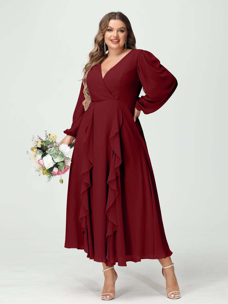 A-Line/Princess V-Neck Long Sleeves Chiffon Tea-Length Ruffles Plus Size Bridesmaid Dresses with Pockets - 画像 (37)