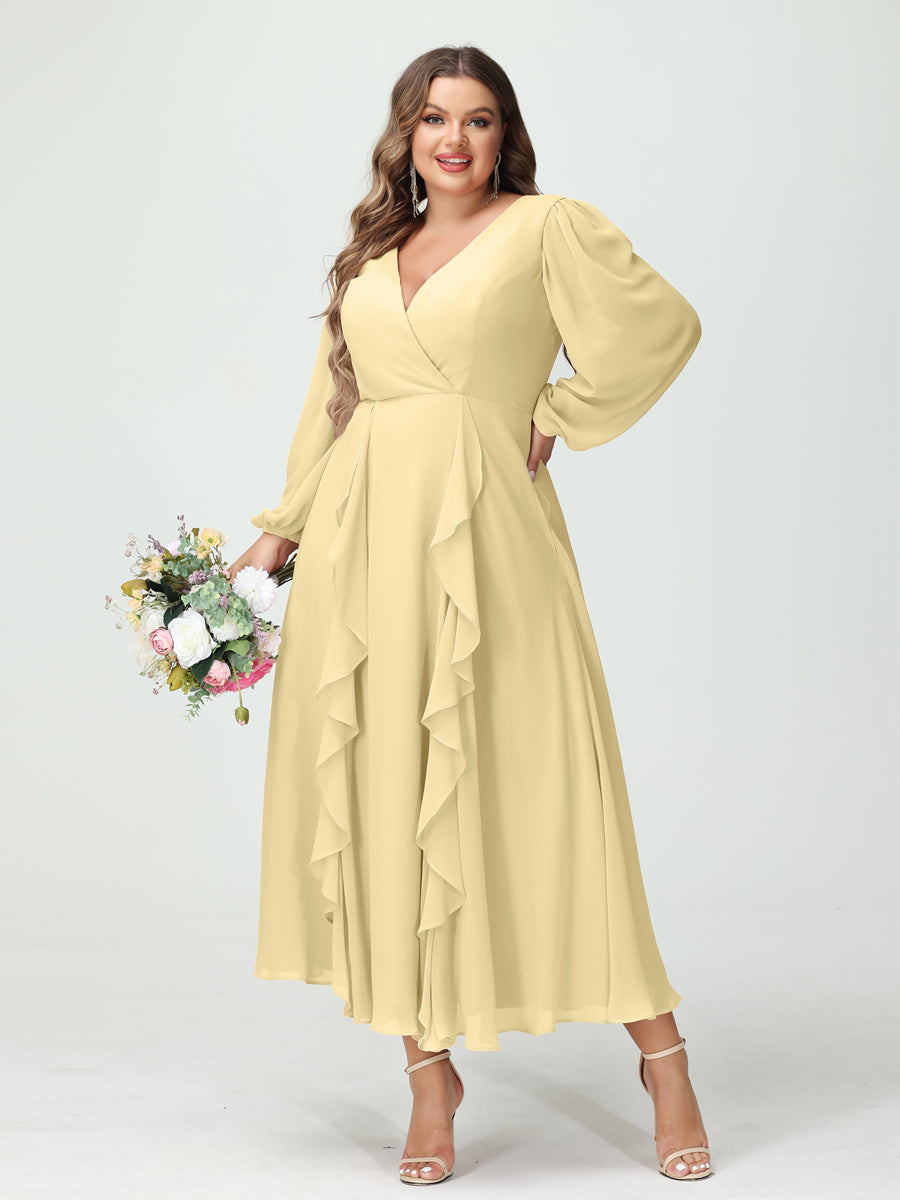A-Line/Princess V-Neck Long Sleeves Chiffon Tea-Length Ruffles Plus Size Bridesmaid Dresses with Pockets - 画像 (68)