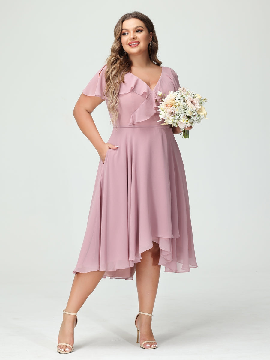 A-Line/Princess V-Neck Short Sleeves Chiffon Ruffles High-Low Plus Size Bridesmaid Dresses with Pockets - 画像 (4)
