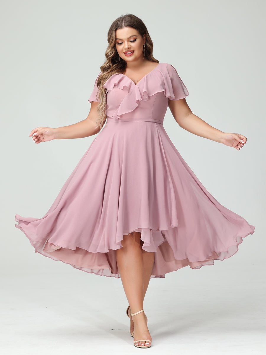 A-Line/Princess V-Neck Short Sleeves Chiffon Ruffles High-Low Plus Size Bridesmaid Dresses with Pockets - 画像 (5)