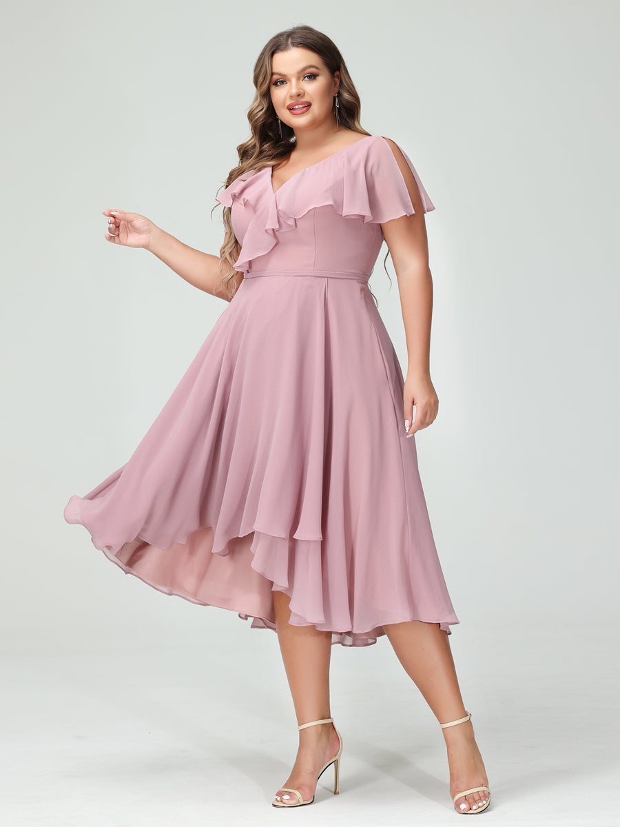 A-Line/Princess V-Neck Short Sleeves Chiffon Ruffles High-Low Plus Size Bridesmaid Dresses with Pockets - 画像 (6)