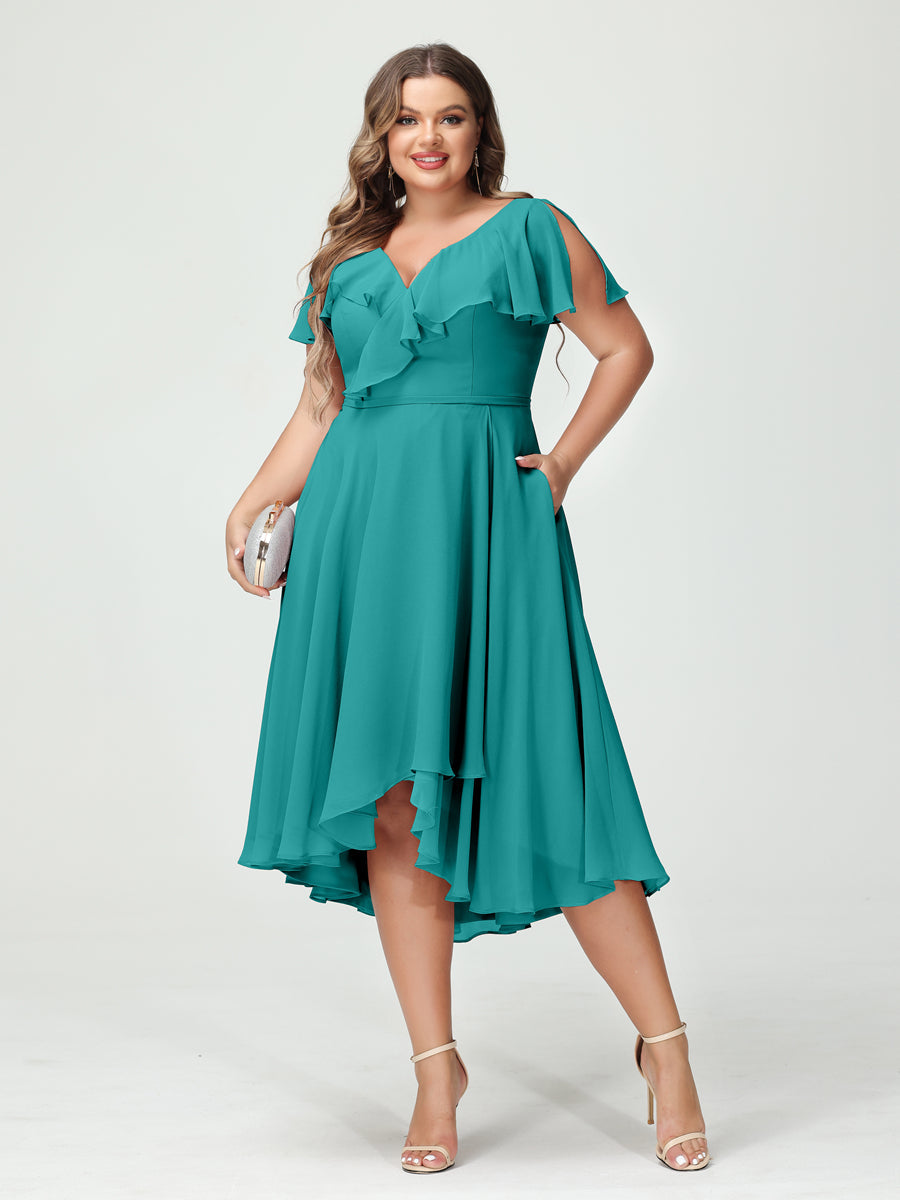 A-Line/Princess V-Neck Short Sleeves Chiffon Ruffles High-Low Plus Size Bridesmaid Dresses with Pockets - 画像 (52)