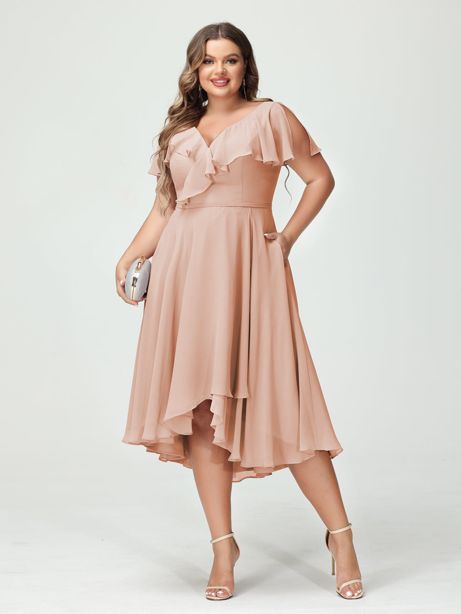A-Line/Princess V-Neck Short Sleeves Chiffon Ruffles High-Low Plus Size Bridesmaid Dresses with Pockets - 画像 (28)