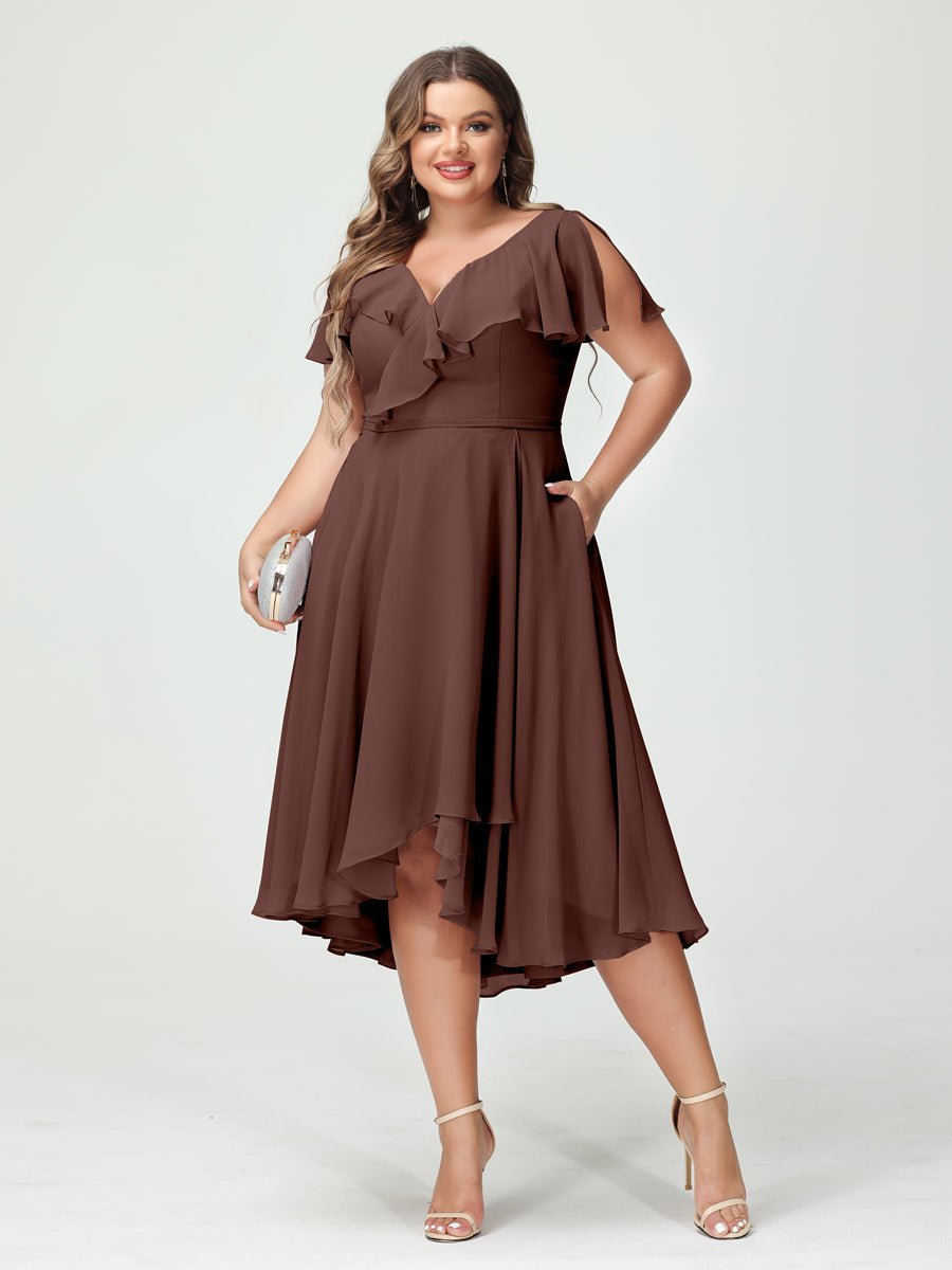 A-Line/Princess V-Neck Short Sleeves Chiffon Ruffles High-Low Plus Size Bridesmaid Dresses with Pockets - 画像 (76)