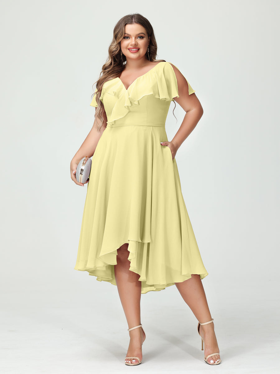 A-Line/Princess V-Neck Short Sleeves Chiffon Ruffles High-Low Plus Size Bridesmaid Dresses with Pockets - 画像 (69)