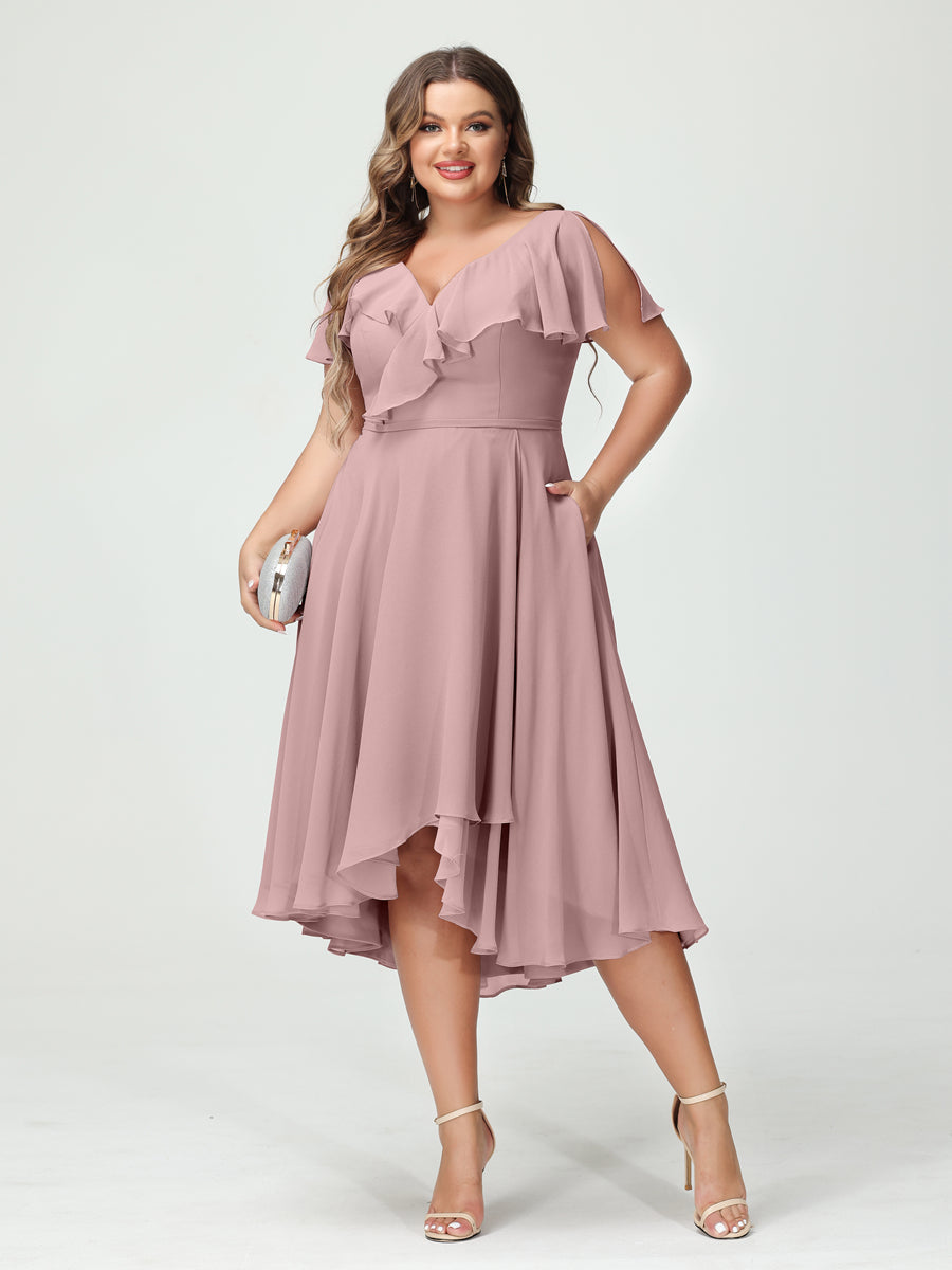 A-Line/Princess V-Neck Short Sleeves Chiffon Ruffles High-Low Plus Size Bridesmaid Dresses with Pockets - 画像 (30)