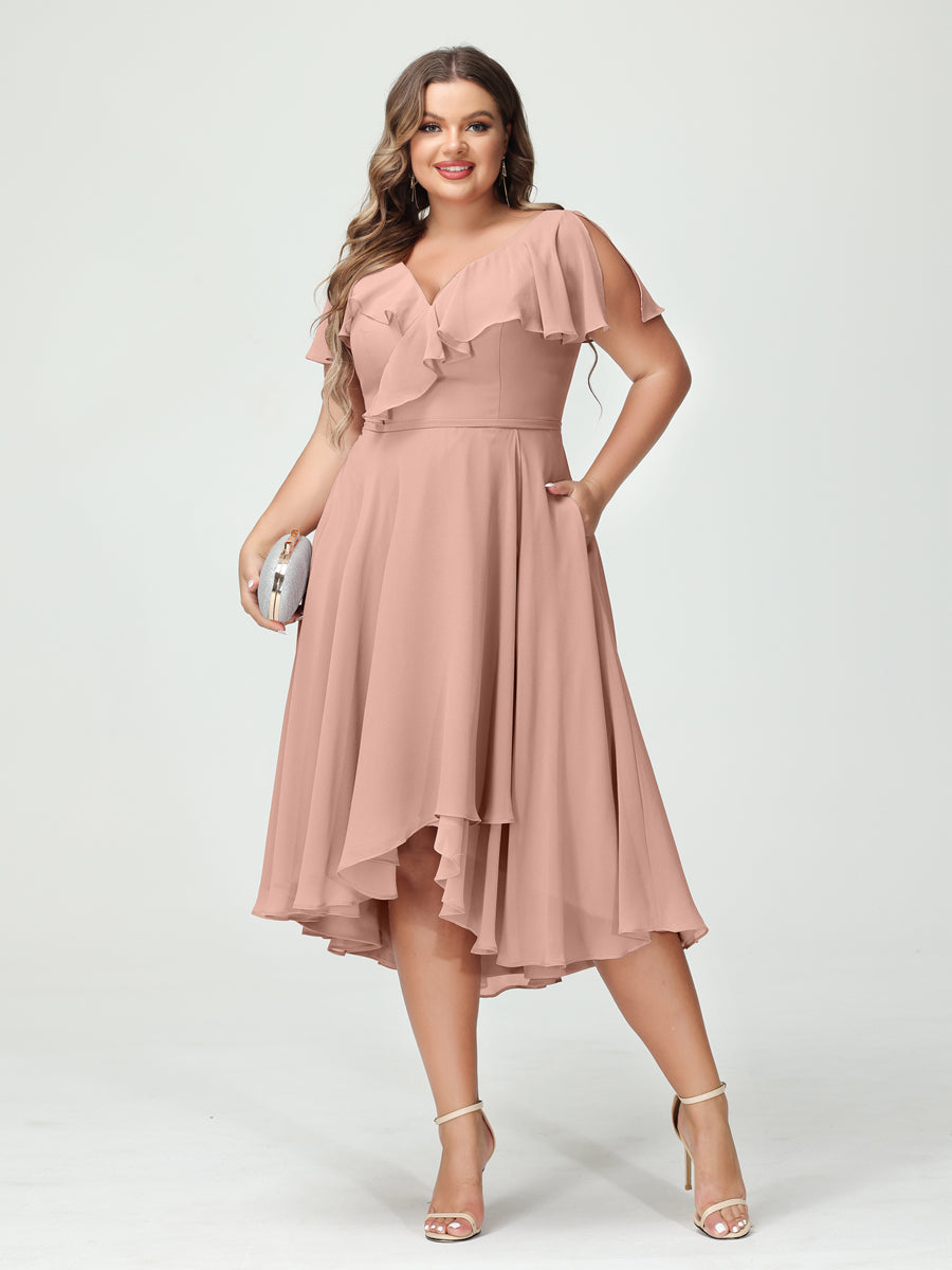 A-Line/Princess V-Neck Short Sleeves Chiffon Ruffles High-Low Plus Size Bridesmaid Dresses with Pockets - 画像 (7)