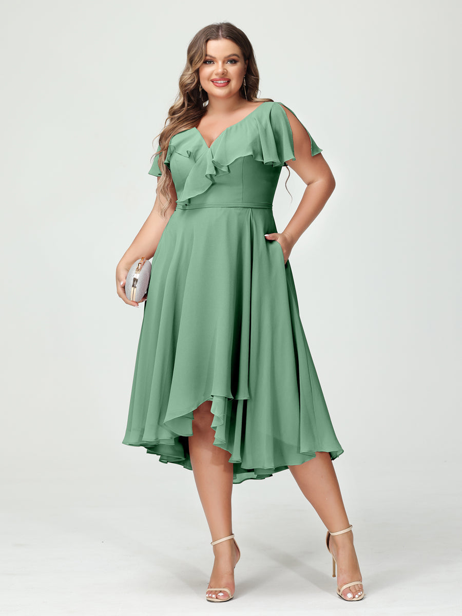 A-Line/Princess V-Neck Short Sleeves Chiffon Ruffles High-Low Plus Size Bridesmaid Dresses with Pockets - 画像 (17)